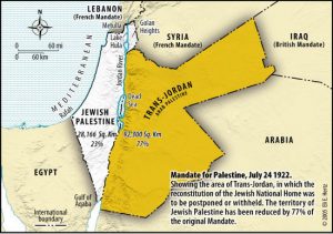 En 1922, la SDN (Société des Nations) charge l'Angleterre, puissance mandataire après la chute de l'empire ottoman, d'appliquer la déclaration Balfour. Le nom de Palestine est désormais réservé à la Palestine occidentale, la G.B. en ayant détaché, de sa propre initiative, la vaste partie à l'est du Jourdain pour créer la Transjordanie (devenue la Jordanie).